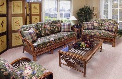 Granada-Wicker Rattan 5 Pc. Living Room Set,Color|Walnut,Size|79" x 34" x 35",Pattern|Beige