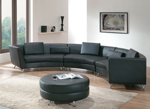 Modern Furniture Black Leather Curved Long Sectional Sofa with Matching Ottoman
