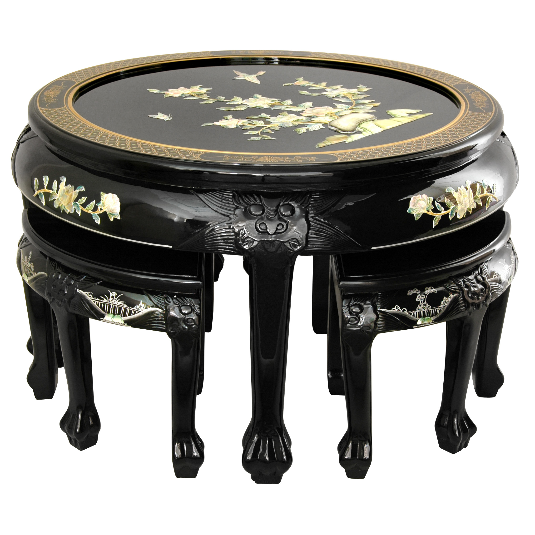 Oriental Furniture Asian Furniture and Decor 32-Inch Black Lacquer Mother of Pearl Round Coffee Table with Stools