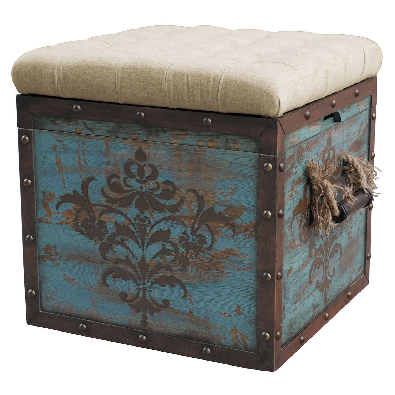 Teal Wood Crate Upholstered Ottoman
