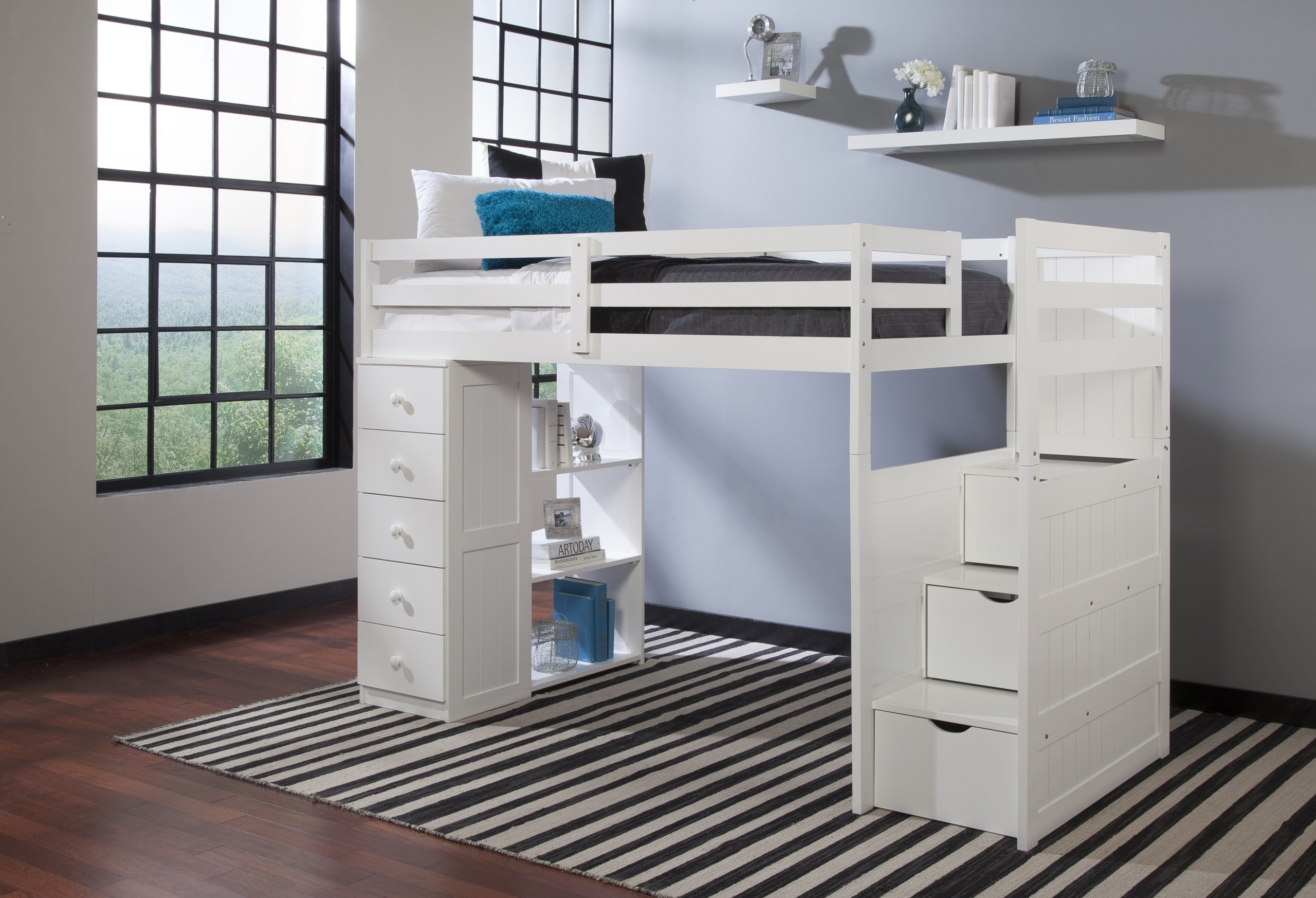 Canwood Mountaineer Loft Bed with Storage Tower and Built in Stairs Drawers, Twin, White