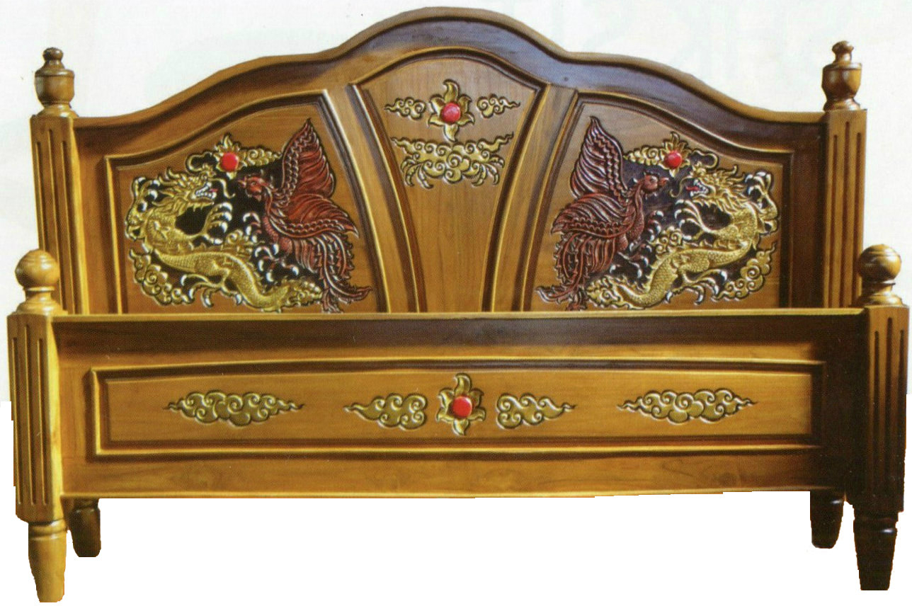 Carved teak wood platform bed with beautiful beautiful dragon & rooster details.