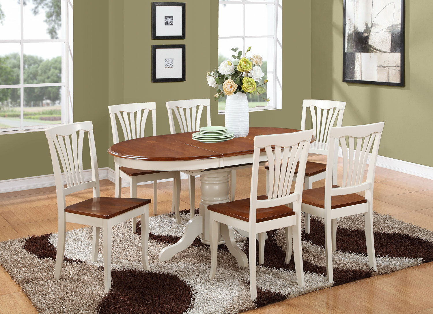 East West Furniture KEAV5-WHI-W 5PC Oval Dining Set with Single Pedestal with 18 in. leaf Table and 4 wood seat chairs