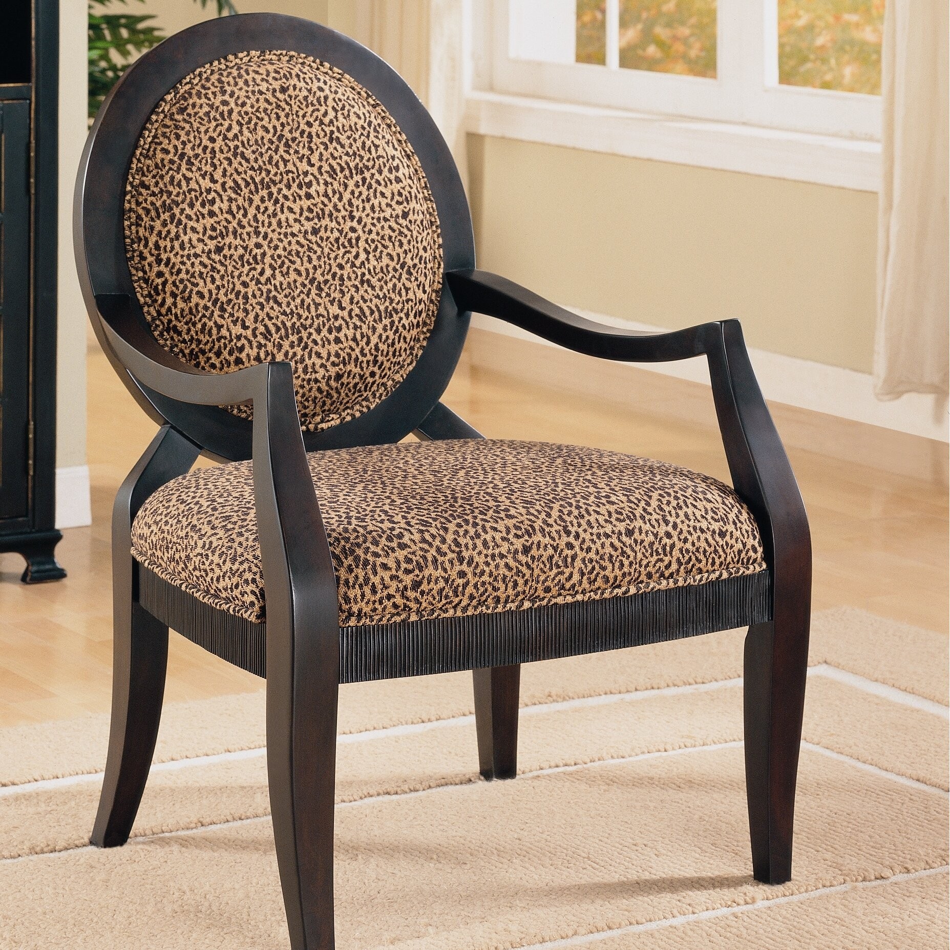 Grenoble Arm Chair Espresso Contemporary Wooden High Backed Armchairs Home Furniture Decor Ideal for Living and Dining Room Seating,Leopard print fabric upholstery with an oval back features,hand-carved details seat frame - Made from solid hardwood