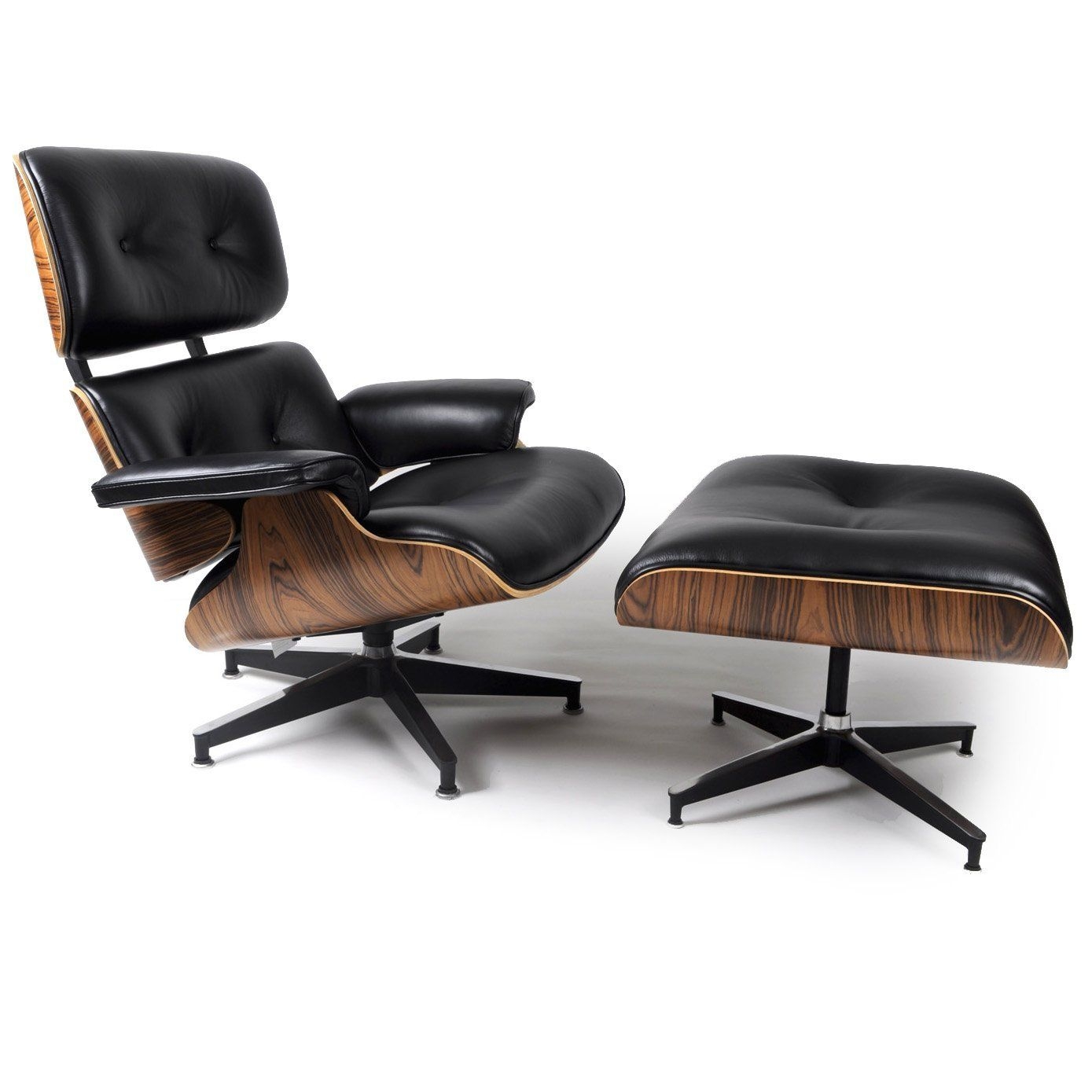 Mid Century Modern Classic Palisander Plywood Lounge Chair & Ottoman With Black Premium Top Grain Leather Eames Style Replica