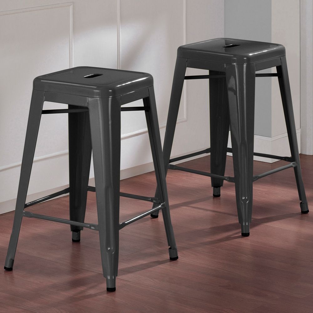 Modern Square Tabouret 24-inch Charcoal Grey Metal Counter Stools (Set of 2) Industrial Style