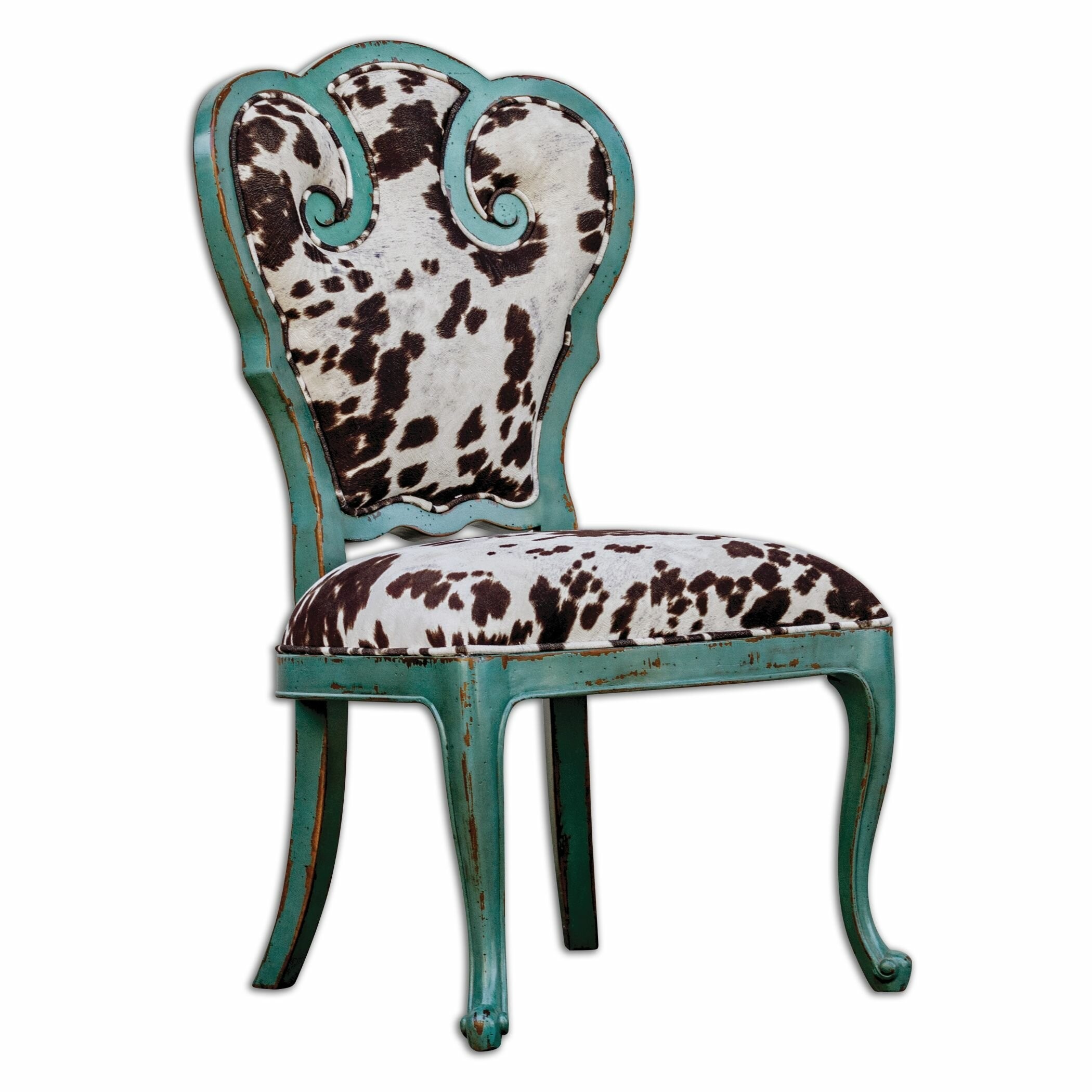 Retro Aqua Blue Scroll Side Chair with Cow Print Cushion