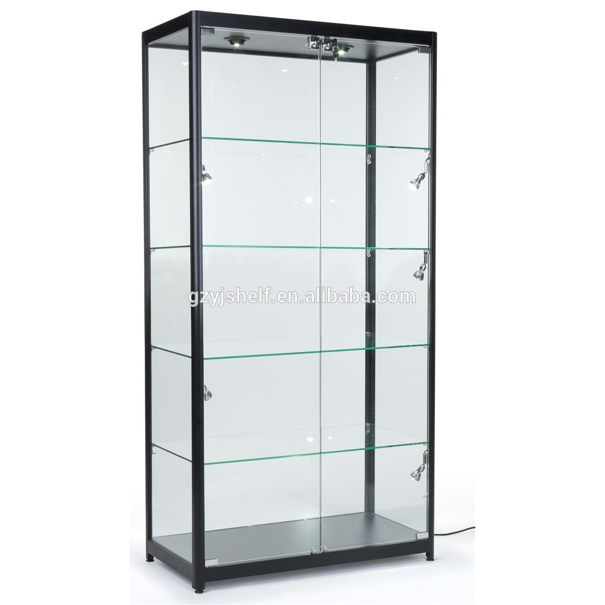 Tempered Glass Curio Cabinet With 8 Halogen Lights, 78 x 40 x 16.5-Inch, Free-Standing, Locking Hinged Doors, Floor Levelers And 4 Green Edge Glass Shelves - Black, Aluminum