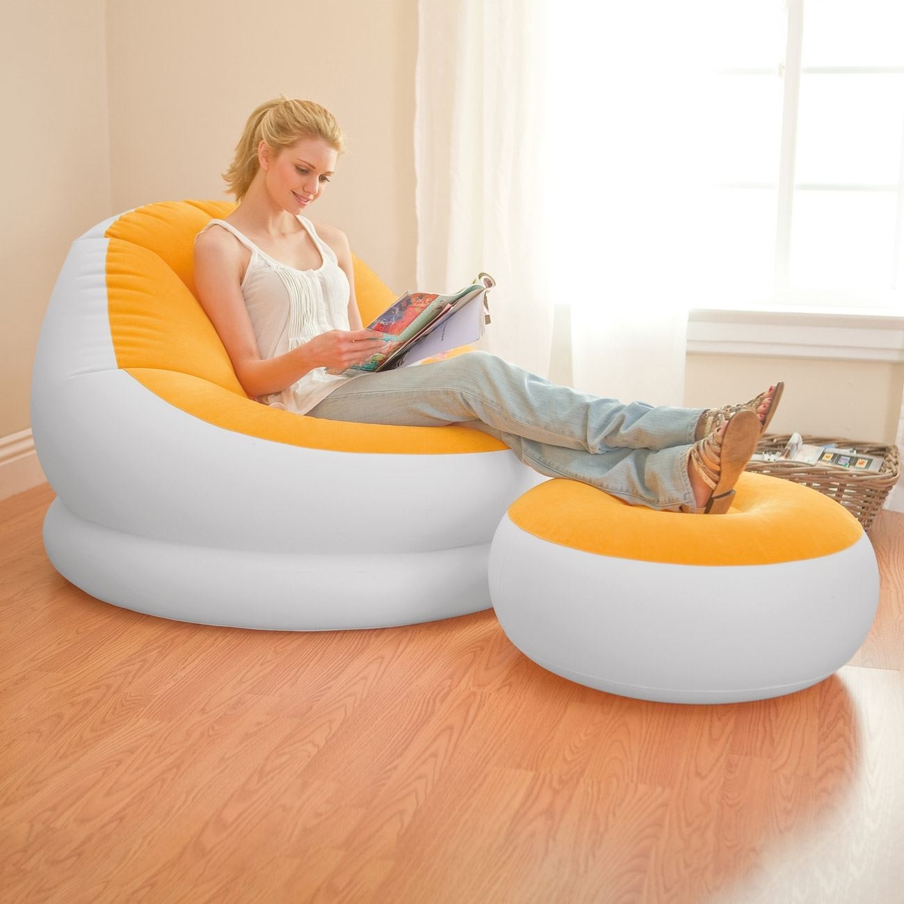 Intex Inflatable Colorful Cafe Chaise Lounge Chair w/ Ottoman (Orange)