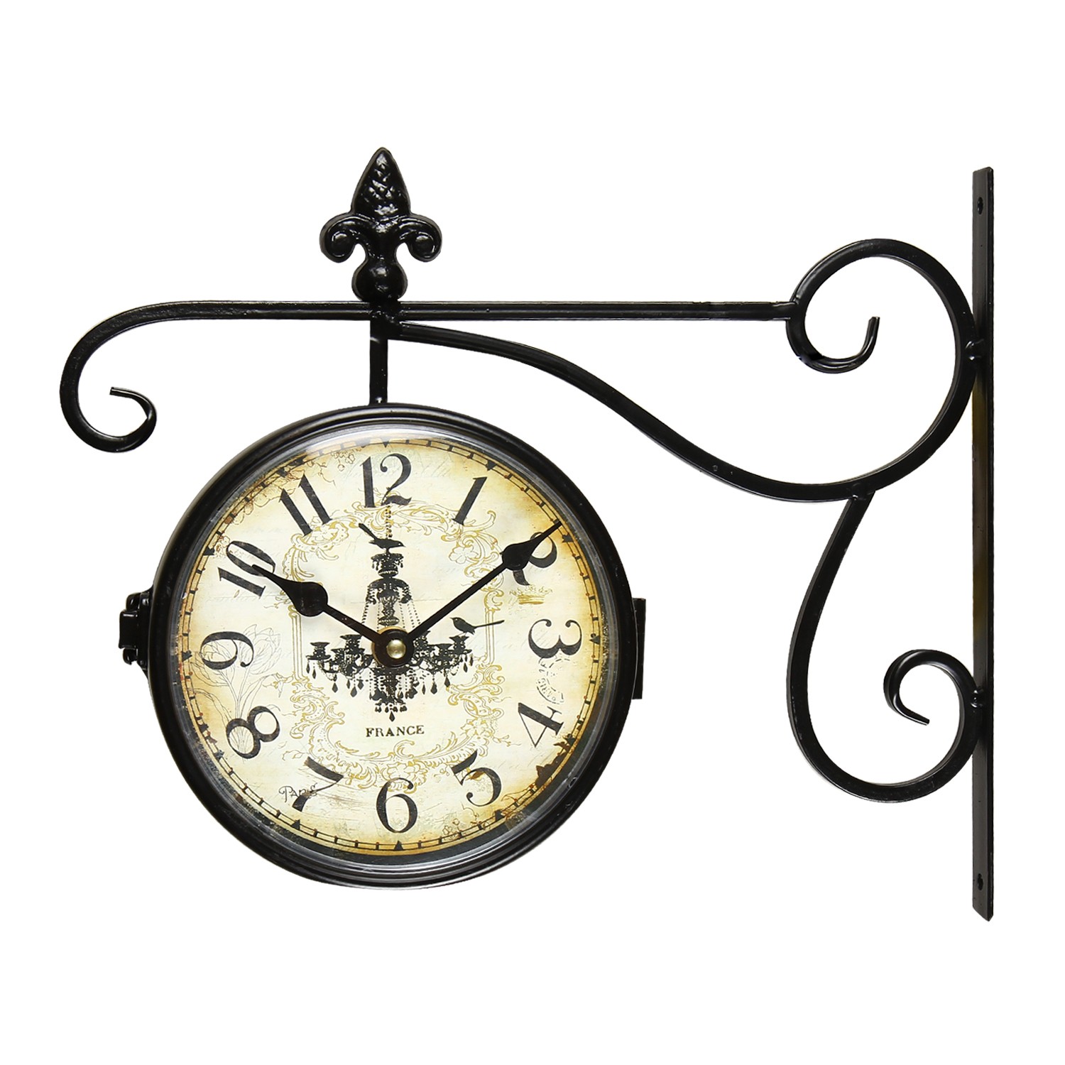Adeco Black Iron Vintage-Inspired Round Chandelier Double-Sided Wall Hanging Clock with Scroll Wall Mount Home Decor