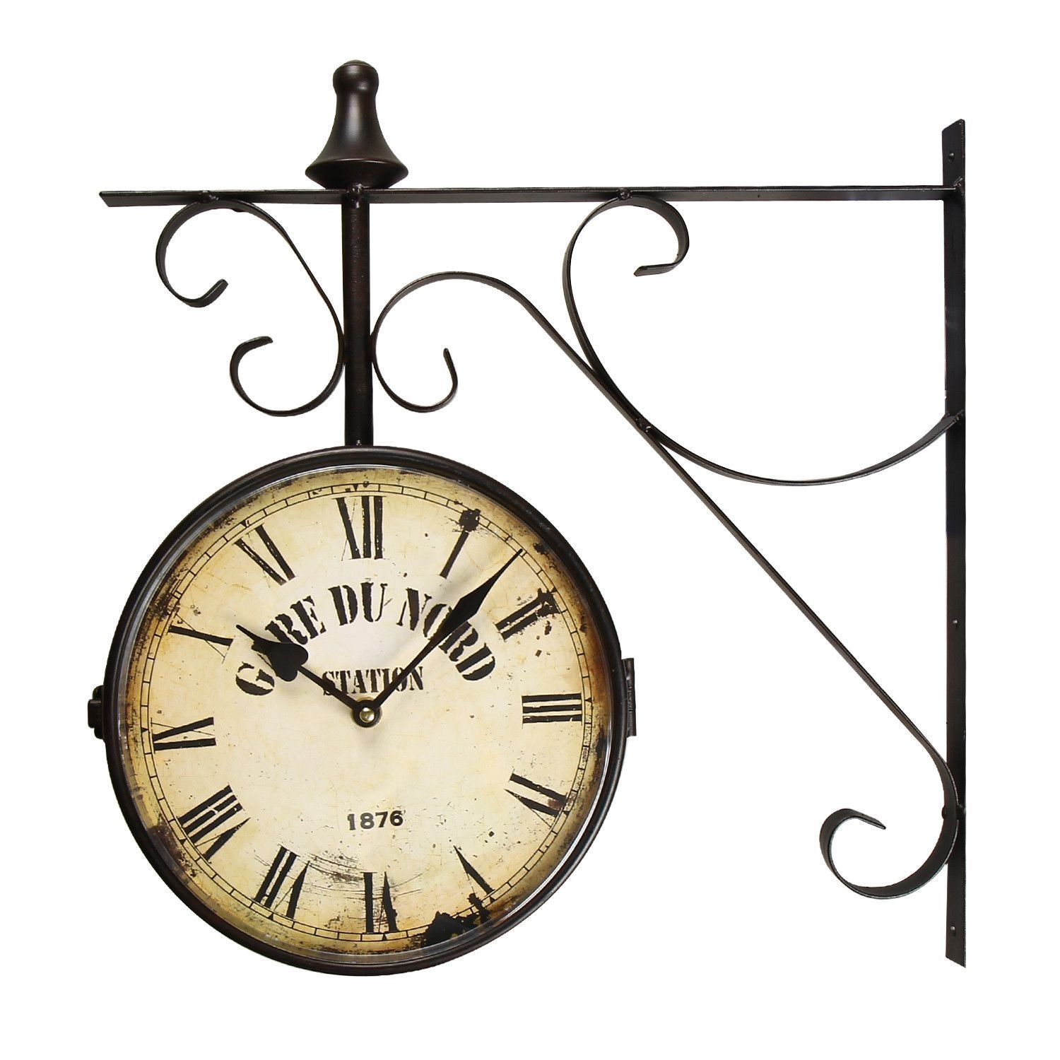 Adeco Black Iron Vintage-Inspired Round "Gard Du Nord Station" Double-Sided Wall Hanging Clock with Scroll Mount Home Decor