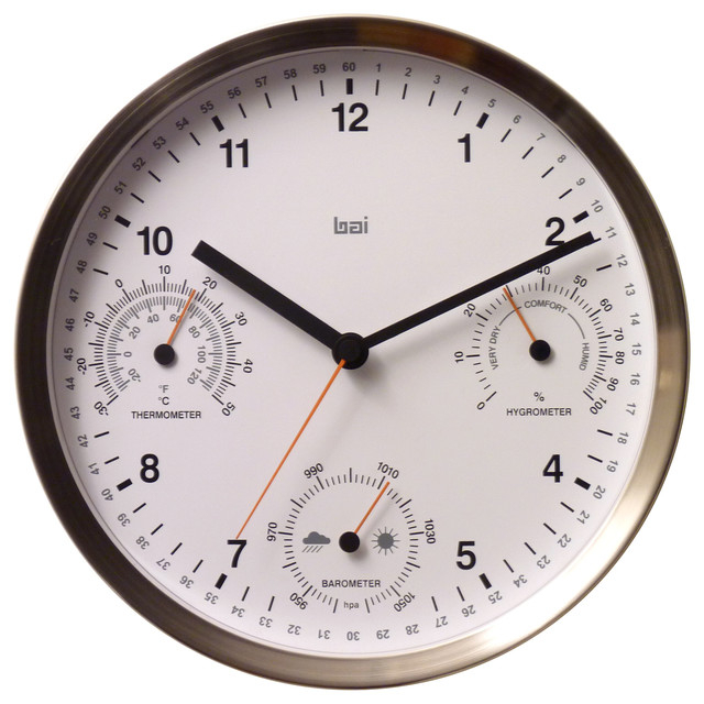 Bai Brushed Stainless Steel Weather Station Wall Clock, White