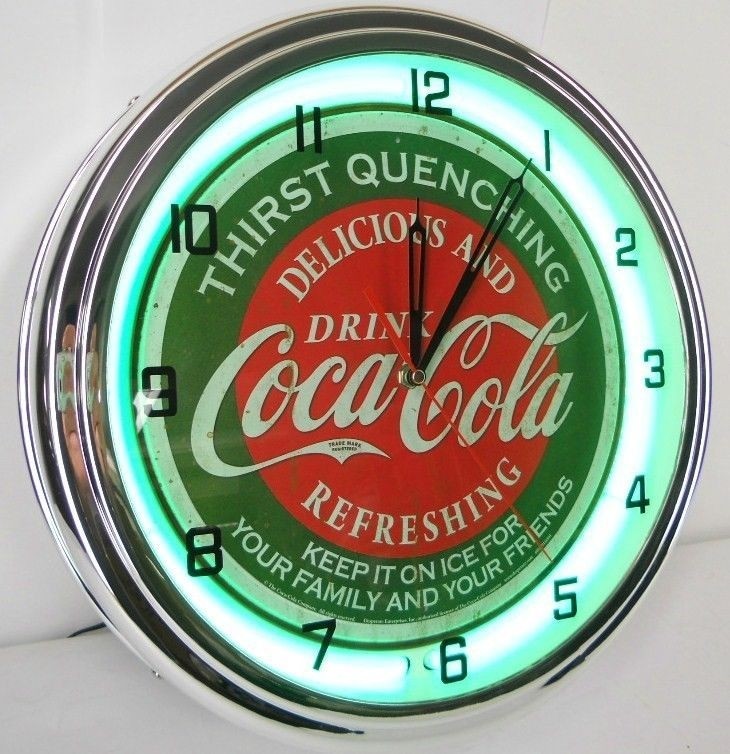 Coca Cola 15" Neon Wall Clock Lighted Distressed Sign Soda Pop Shop Coke Bottle Logo Vintage Retro Style Green