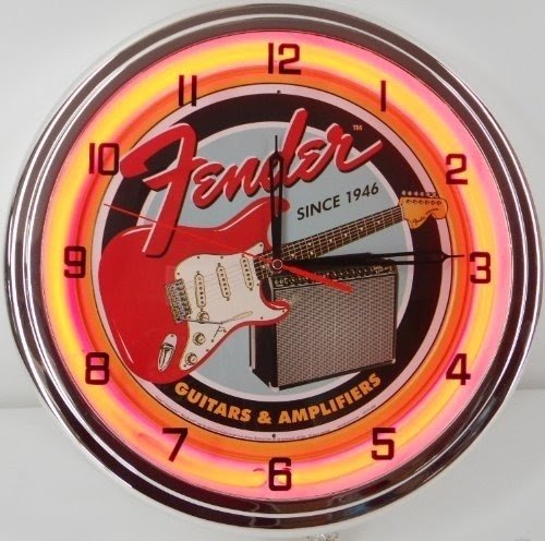 Fender Guitar & Amp 15" Neon Light Wall Clock Garage Band Music Studio Tin Metal Sign Red