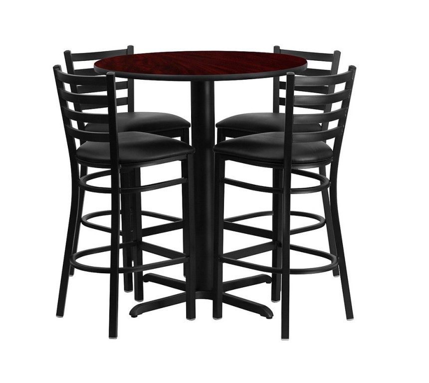 Flash Furniture 30'' Round Black Laminate Table Set with 4 Ladder Back Metal Bar Stools - Burgundy Vinyl Seat