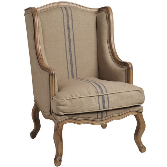 French Country Chic Style Cream Taupe Fabric Wing Back Armchair Cabriole Legs