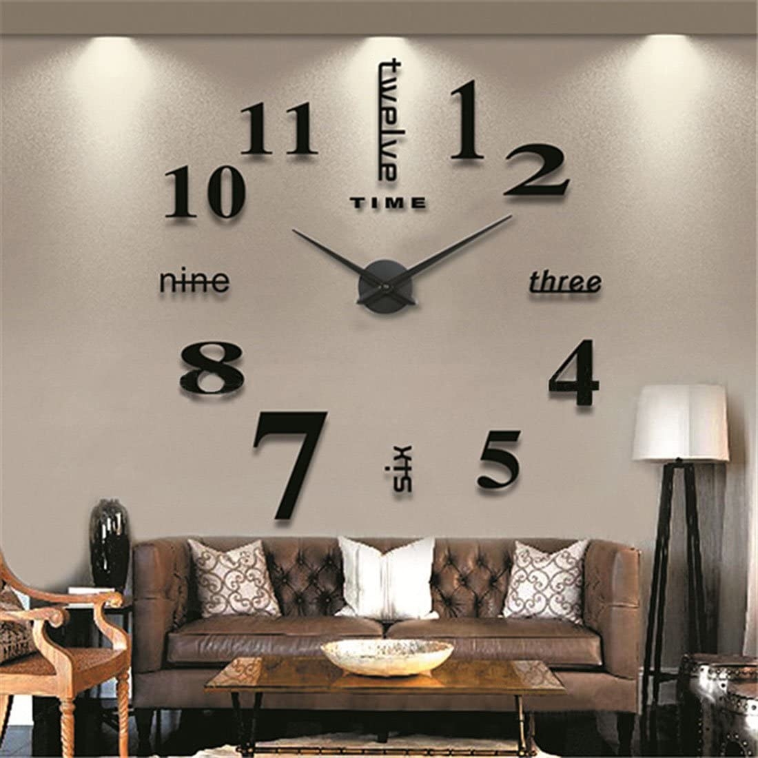 iCasso Luxury Large Size 3D Mirror Surface Creative Modern Home Decoration Art Clock DIY Wall Clock Watches Hours Wall Sticker #6 (Black)