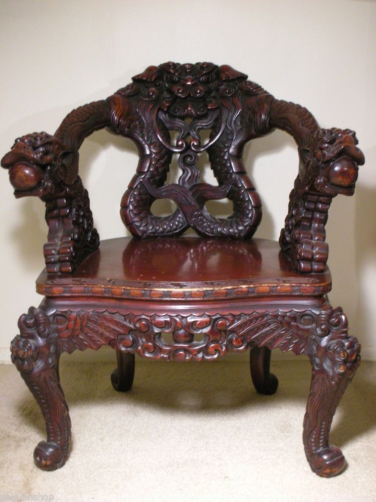 Vintage Chinese Export Wood Carved Dragon Lion Foo Dog Arm Chair