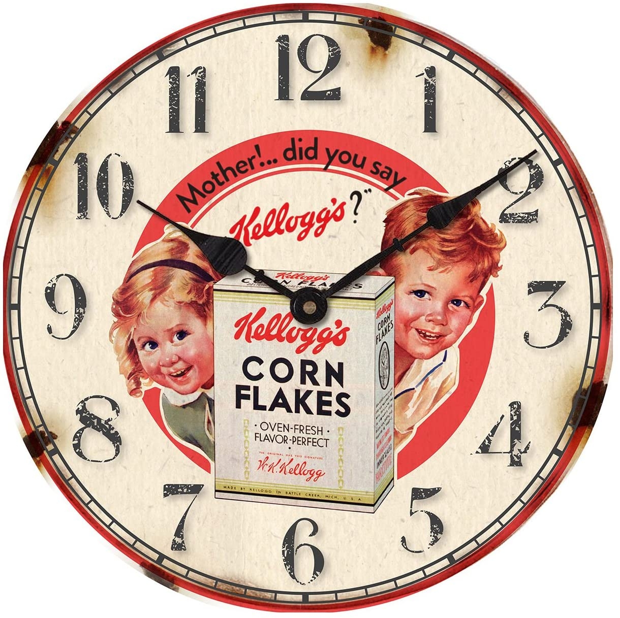 Wall Clock by Kelloggs - Vintage - Retro - Cornflakes Boy and Girl Image Antique Style - In Stock and comes with AMAZON 30days 100% MONEY BACK GUARANTEE