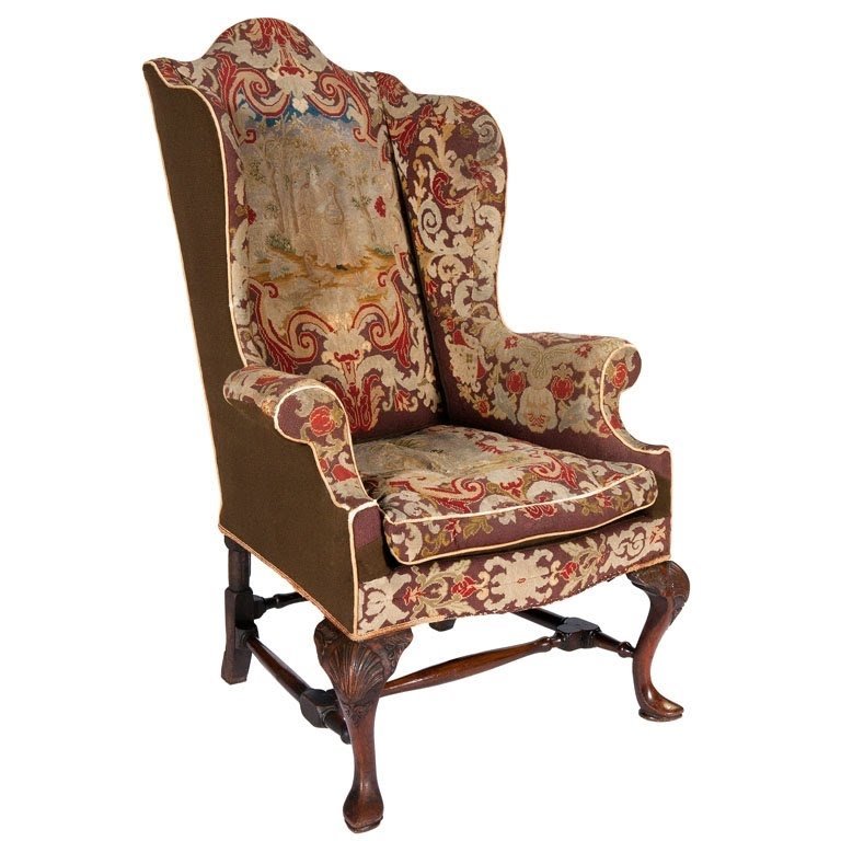 18th century queen anne walnut wing chair tapestry covering