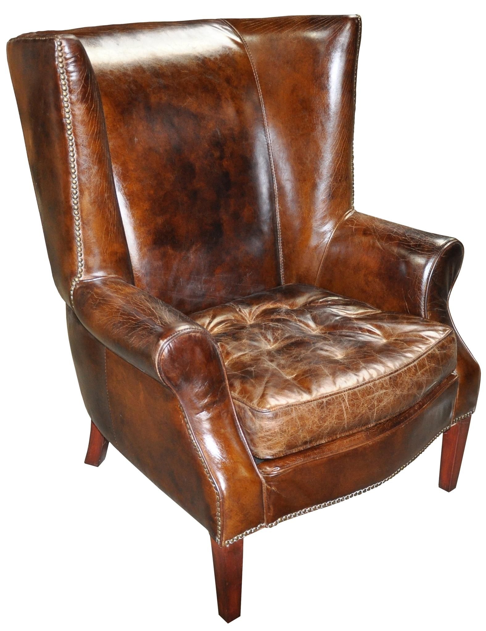 36 Wide Wing Club Arm Chair Vintage Brown Cigar Italian Leather Comfort 988