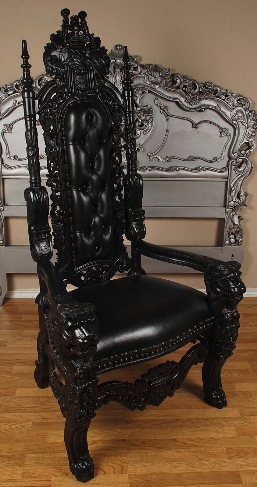 Carved Mahogany King Lion Gothic Throne Chair Black Paint Black Leather