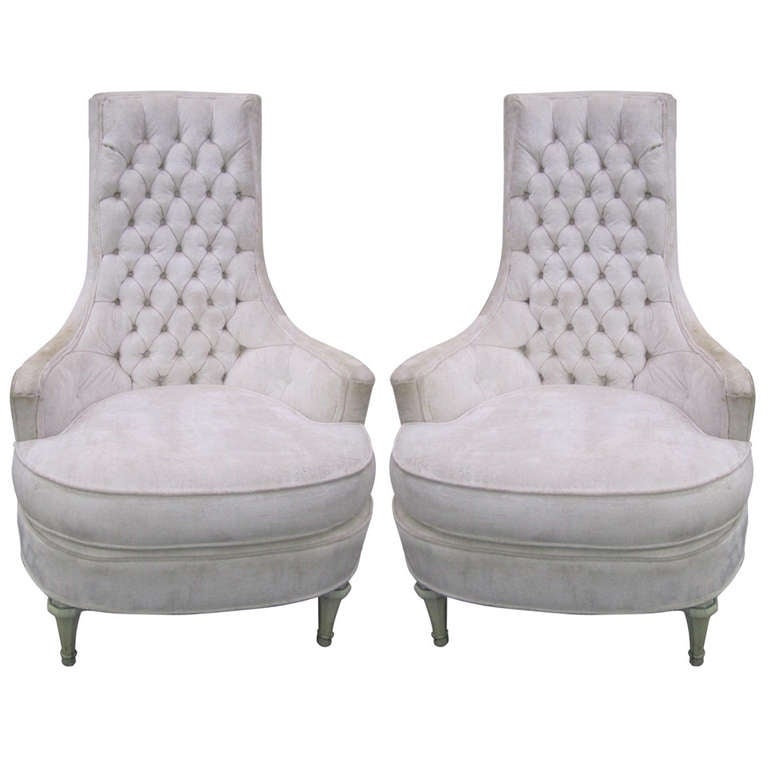 Fabulous pair of hollywood regency tufted high back chairs from
