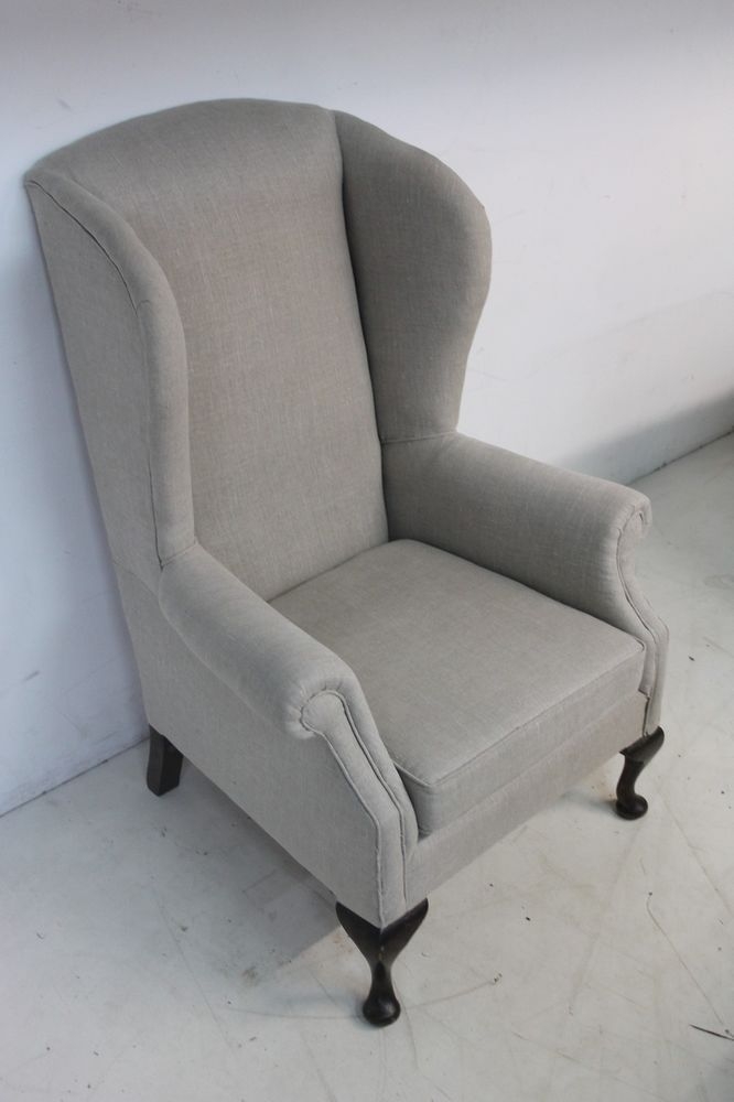 Grey Re Upholstered Antique Wing Back Armchair Queen Anne Style Scrolled Legs