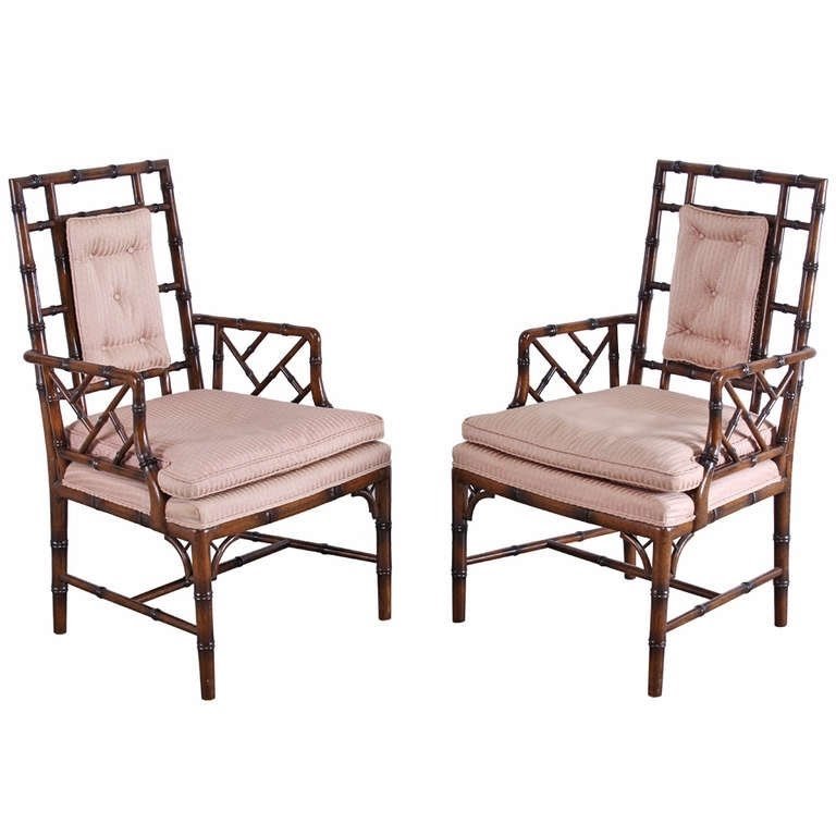 Hollywood regency baker style faux bamboo arm chairs