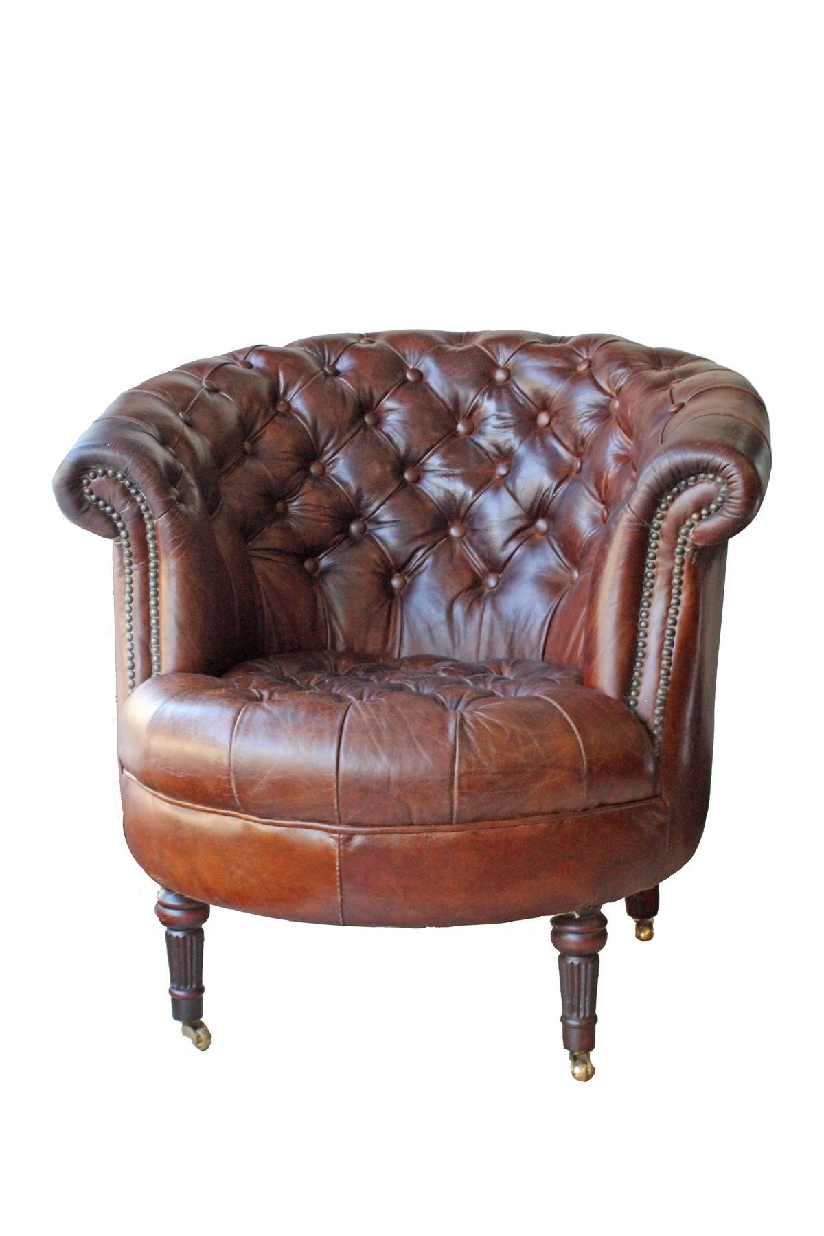 Leather barrel tufted chesterield brown leather chair on caster wheels