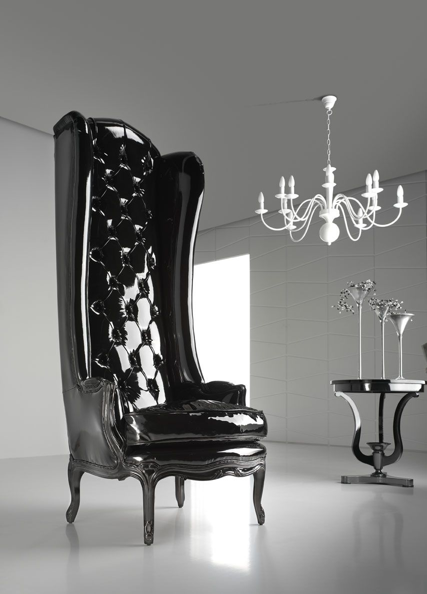 Modern glamour black lacquered porters chair upholstered in high black