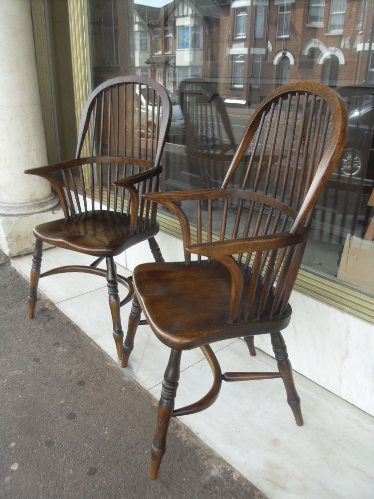 Pair Of Antique Style Beech Windsor Arm Chairs Georgian Style Carver Armchairs