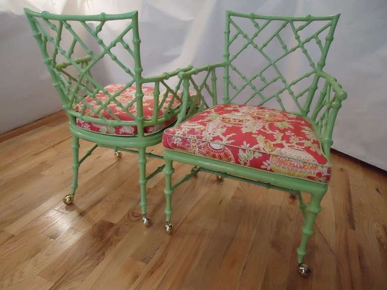 Pair Of Chinese Chippendale Iron Bamboo Arm Chairs