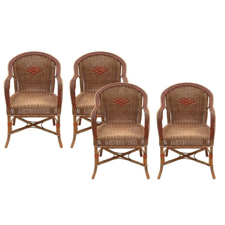 Set of 4 19th century rattan bamboo arm chairs