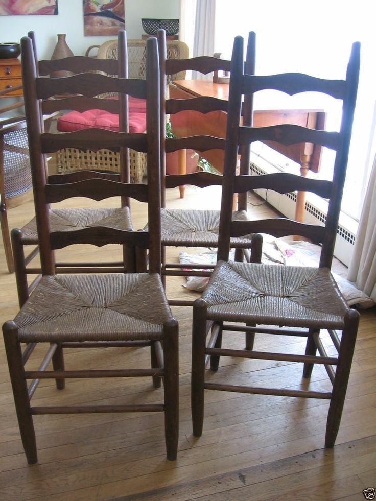 Set Of 4 Wood Antique Rustic Ladder Back Chairs Rush Seats Pick Up Near Nyc