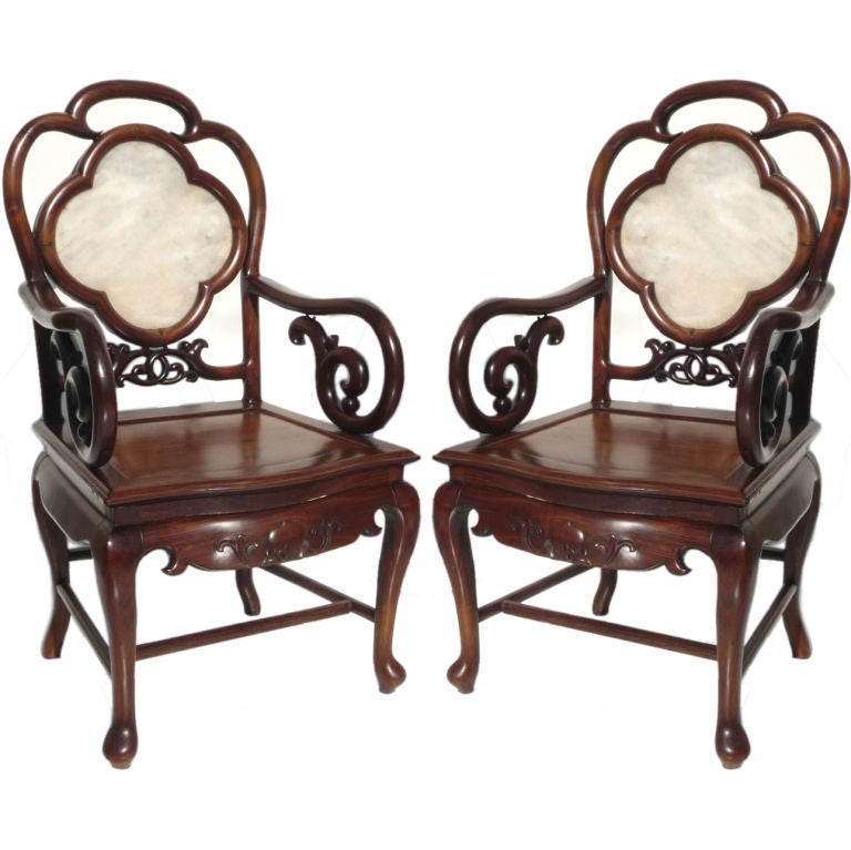 Solid rosewood marble asian arm chairs