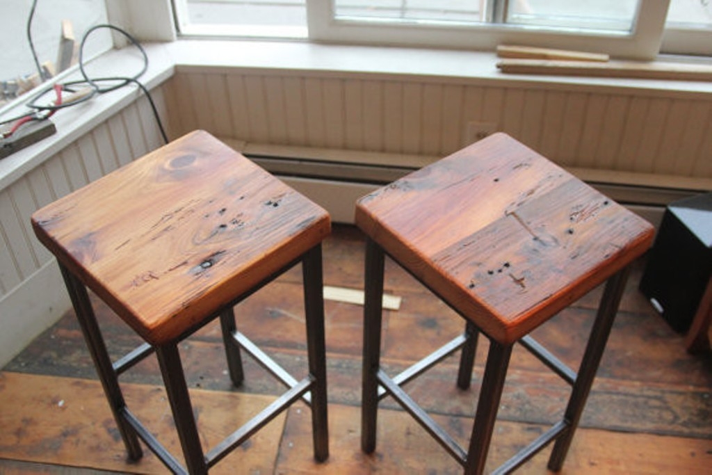 Reclaimed Pine On Metal Square Bar Stools By Vermontfarmtable Eclectic Bar Stools And Counter Stools
