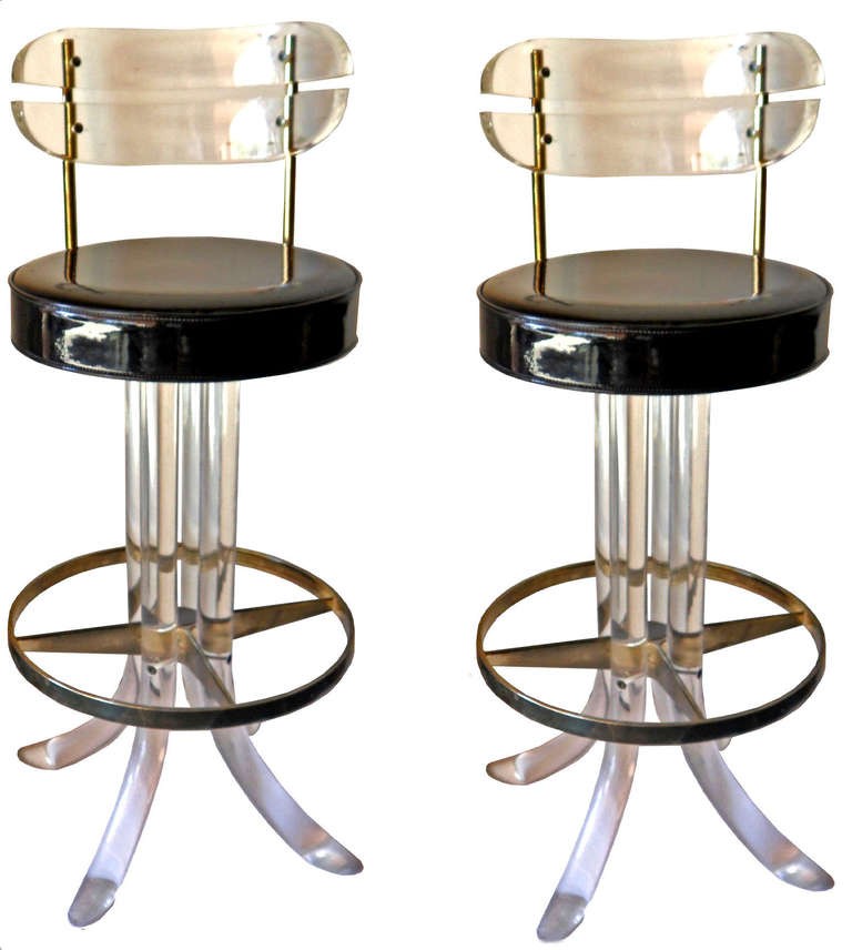 Set of 2 lucite brass bar stools