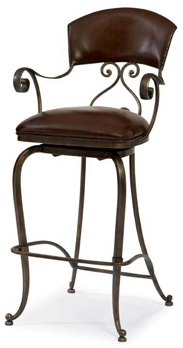 Social hour brown leather swivel bar stool w arms bernhardt