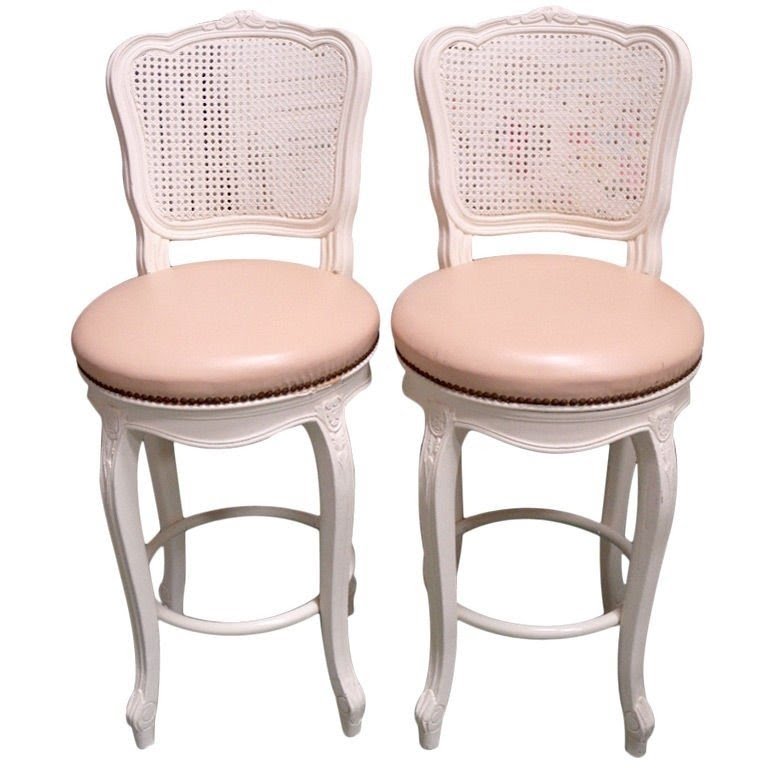 Pair 2 french country cane back bar stools pink naugahyde