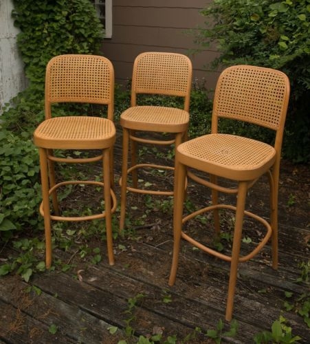 Set Of 3 Thonet Bentwood Style Bar Stools Cane Seats And Backs