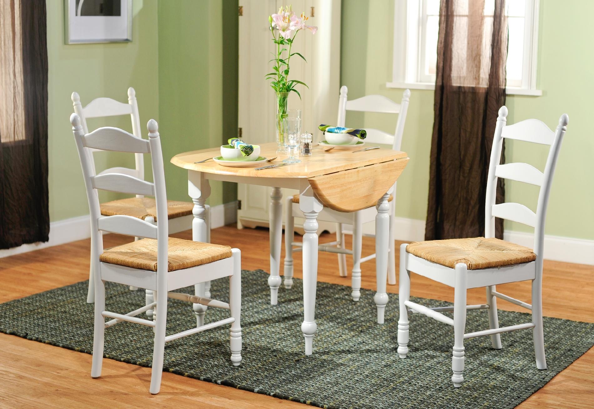5 Piece Ladderback Kitchen Dining Room Set In White And Natural Pedestal Table And Four Ladder-Back Style Chairs