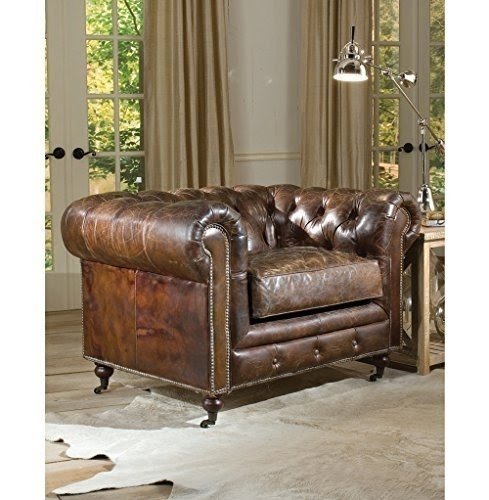 Ace Hollywood Regency Brown Leather Tufted Deep Seat Armchair