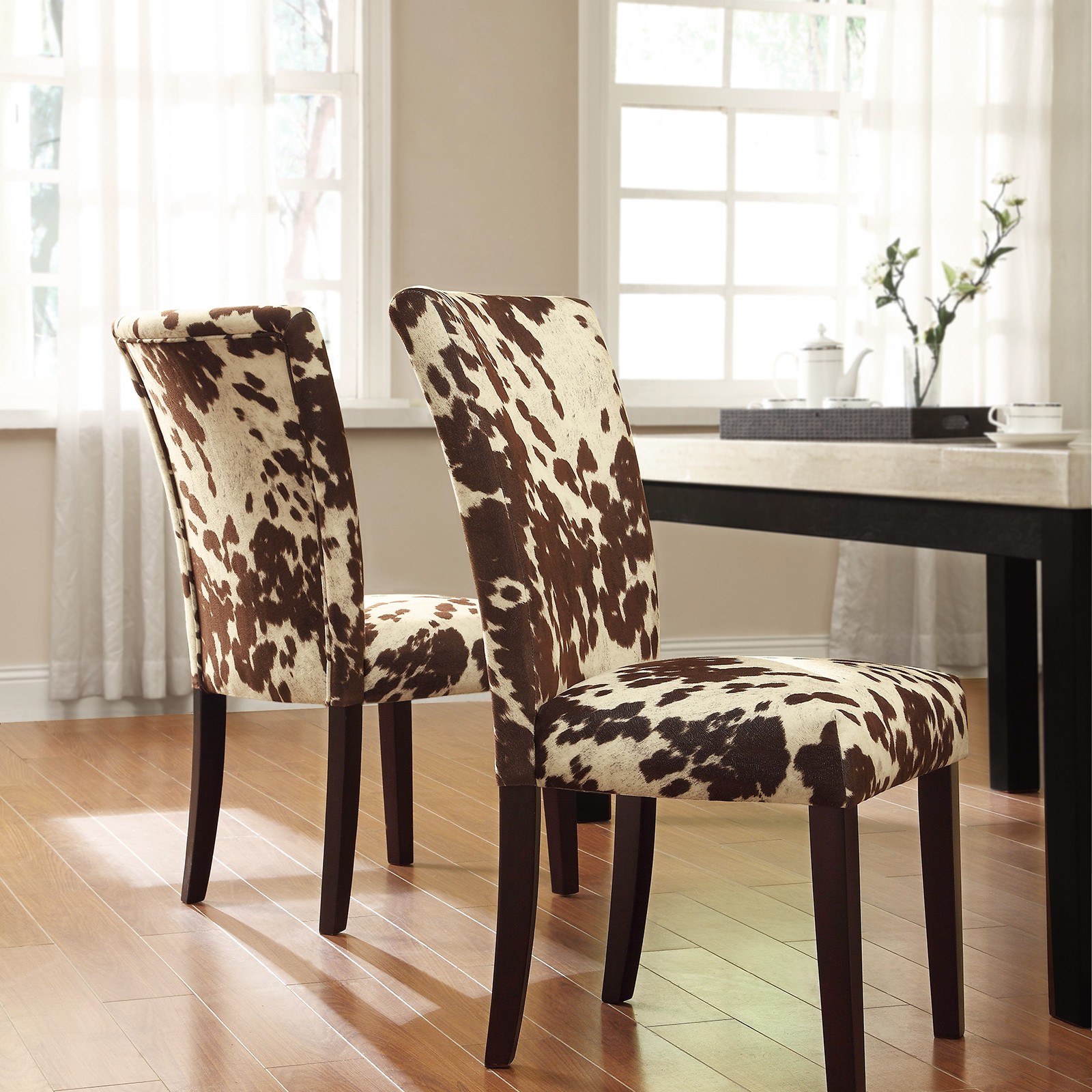 Home Portman Cow Hide Parson Side Chairs (Set of 2), These Parsons Chairs are an Elegant Addition to Your Dining Room Furniture Ensenble. The Supple Cow Hide Print Fabric Adds Comfort to These Side Chairs (Black)