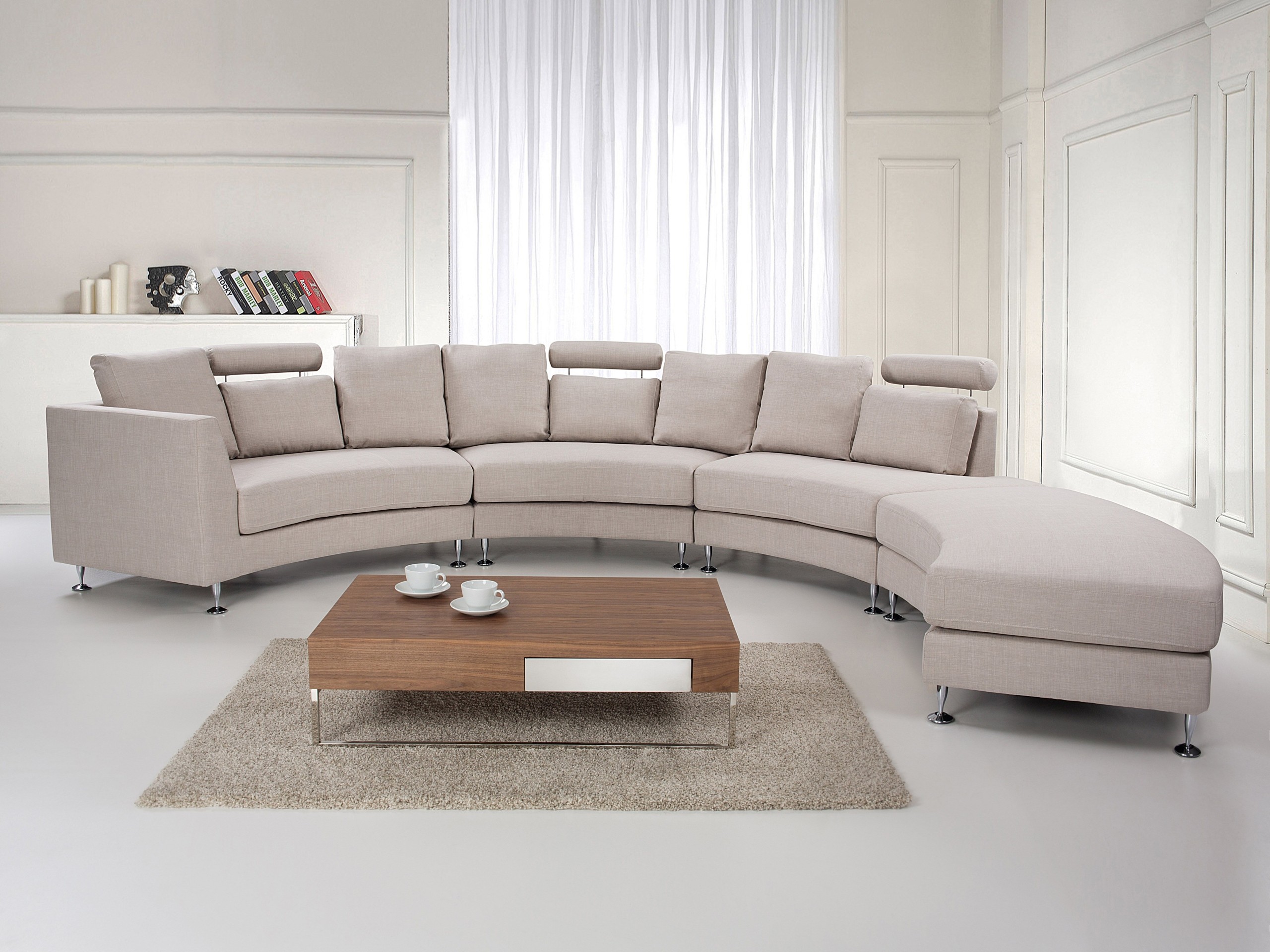 modern sofa, round finishes, soft, light beige color, realistic