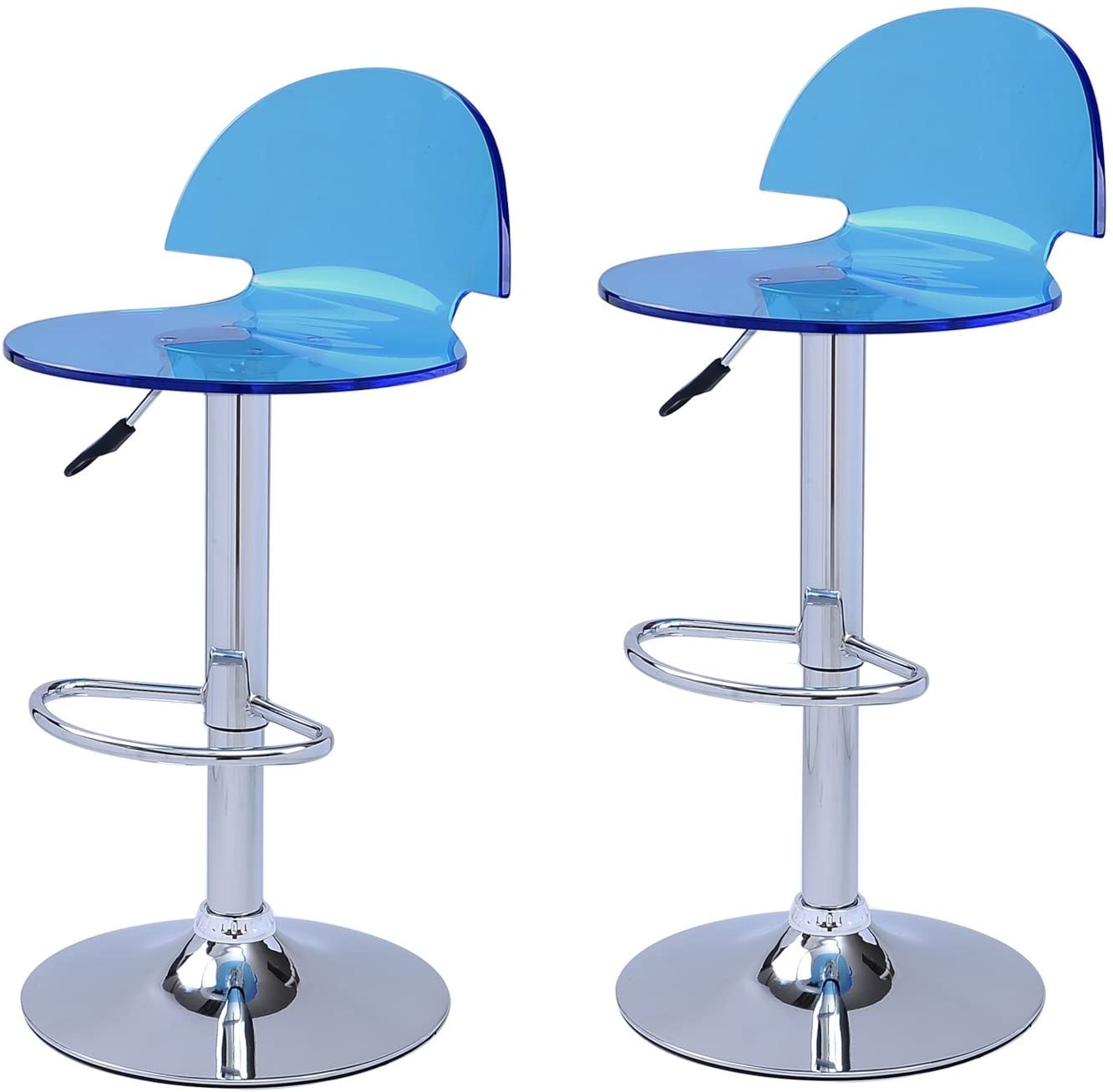 Adeco Blue Acrylic Hydraulic Lift Adjustable Barstool Chair Chrome Finish Pedestal Base (Set of two)