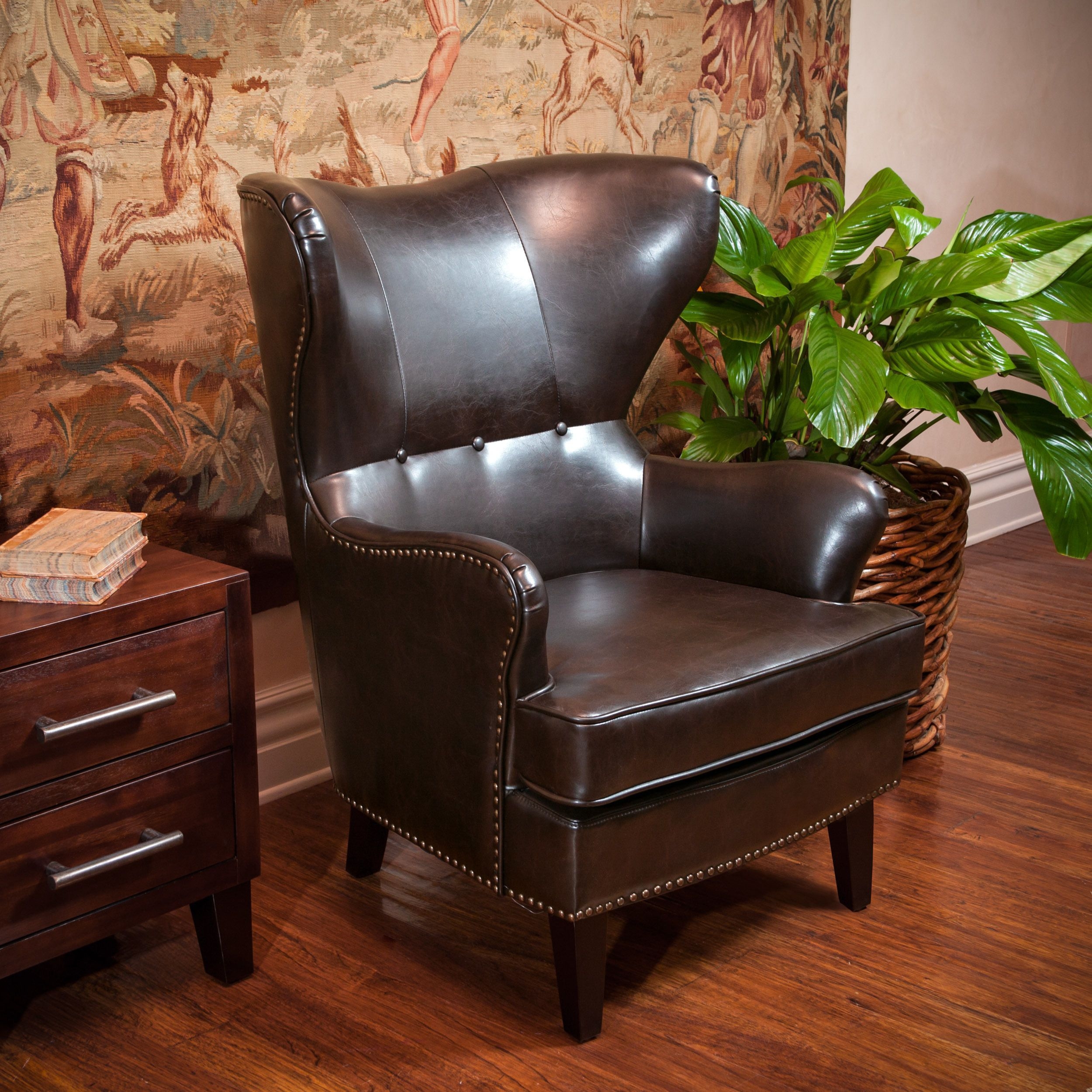 Romford Brown Leather Wingback Club Chair w/ Nailhead Accents Trim