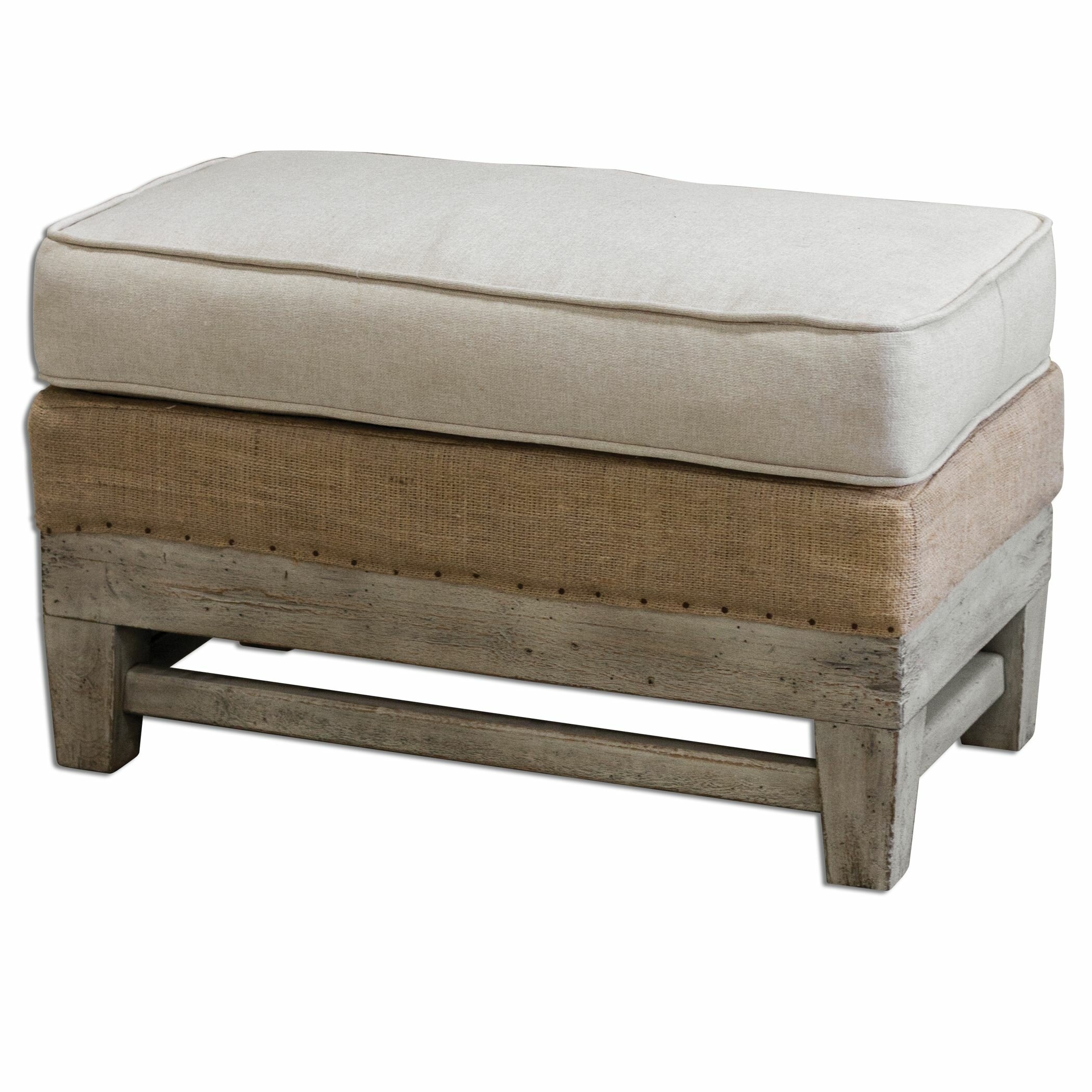 Rustic Exposed Wood Cushioned Bench Ottoman