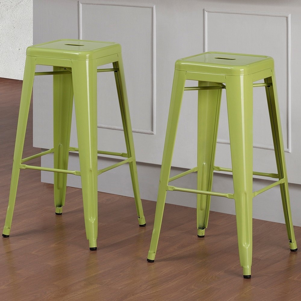 Set of 2 Lime Green Tolix Style Metal Bar Stools in Glossy Powder Coated Finish