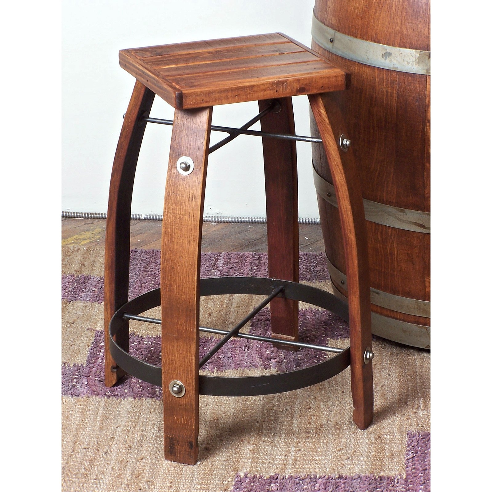 28" Stave Stool w/ Wood Seat - Made from Wine Barrels (Pine Finish)